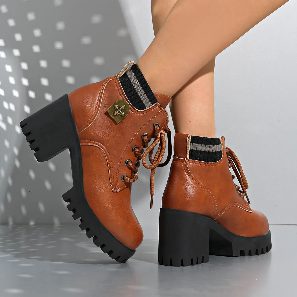 Eleanor1 | Platform Boots, Ankle Boots, Women, Lug Sole, Lace Up, Block Heel, Chunky, Round