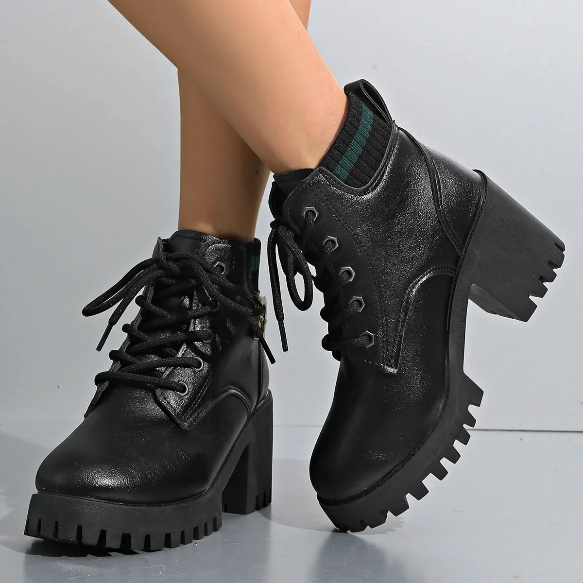 Eleanor1 | Platform Boots, Ankle Boots, Women, Lug Sole, Lace Up, Block Heel, Chunky, Round