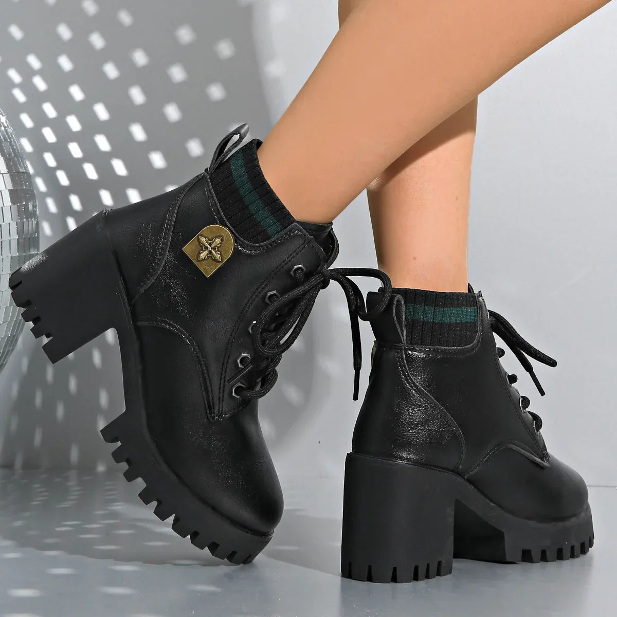 Eleanor1 | Platform Boots, Ankle Boots, Women, Lug Sole, Lace Up, Block Heel, Chunky, Round