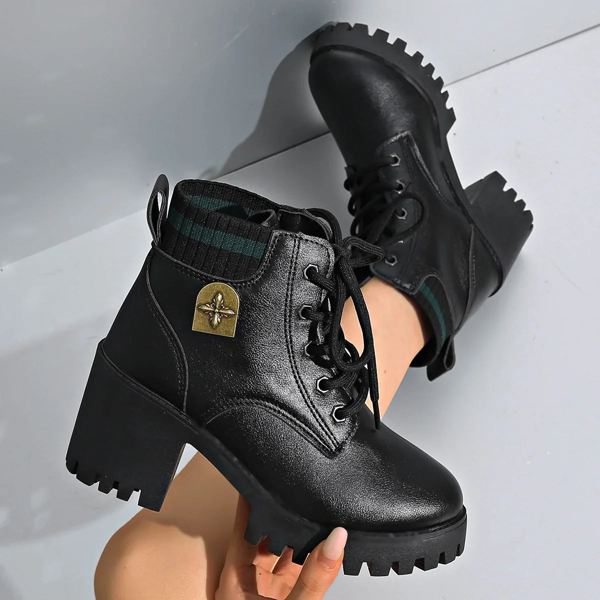 Eleanor1 | Platform Boots, Ankle Boots, Women, Lug Sole, Lace Up, Block Heel, Chunky, Round