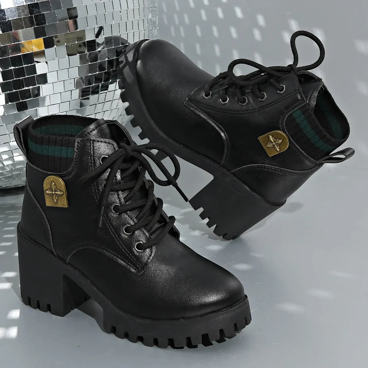 Eleanor1 | Platform Boots, Ankle Boots, Women, Lug Sole, Lace Up, Block Heel, Chunky, Round