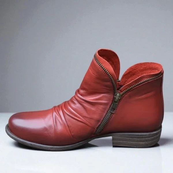 Ava1 | Ankle Boots, Women, Side Zip, Ruched, Block Heel, Round Toe, Fall, Winter, Booties,