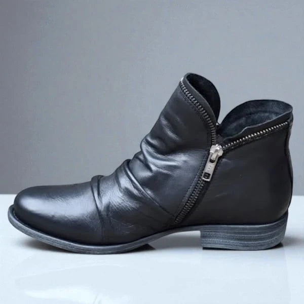 Ava1 | Ankle Boots, Women, Side Zip, Ruched, Block Heel, Round Toe, Fall, Winter, Booties,