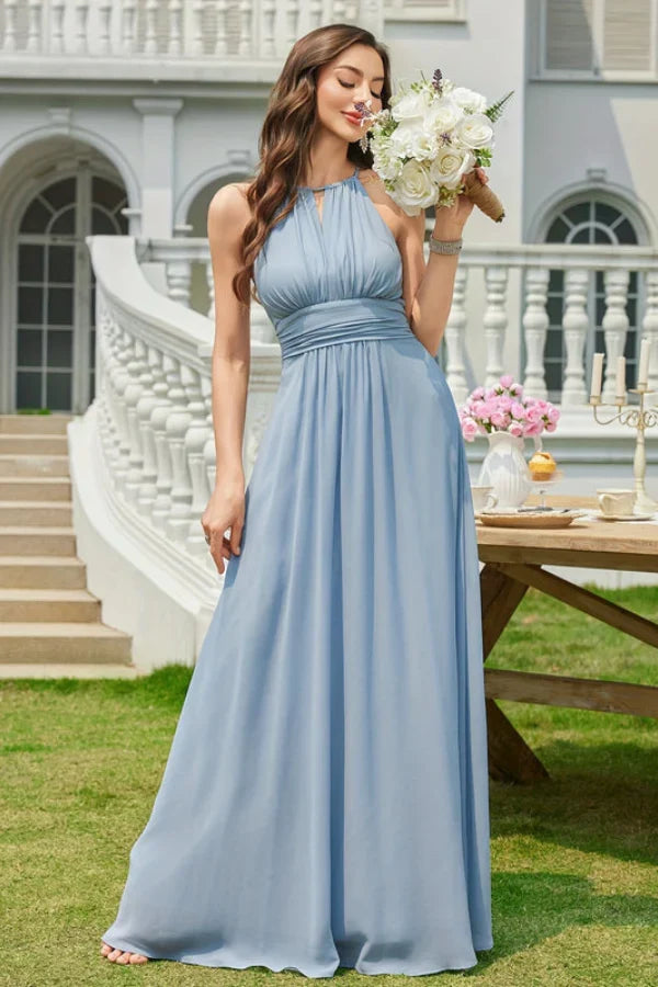 Uma | Bridesmaid Dress Wedding Guest Maxi Halter Neck Keyhole A-Line Ruched Waist Open Back