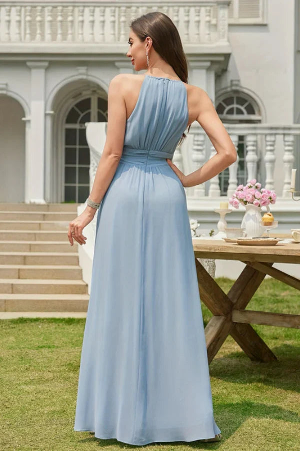 Uma | Bridesmaid Dress Wedding Guest Maxi Halter Neck Keyhole A-Line Ruched Waist Open Back