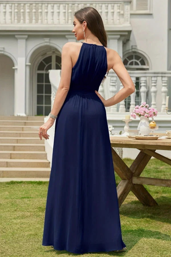 Uma | Bridesmaid Dress Wedding Guest Maxi Halter Neck Keyhole A-Line Ruched Waist Open Back