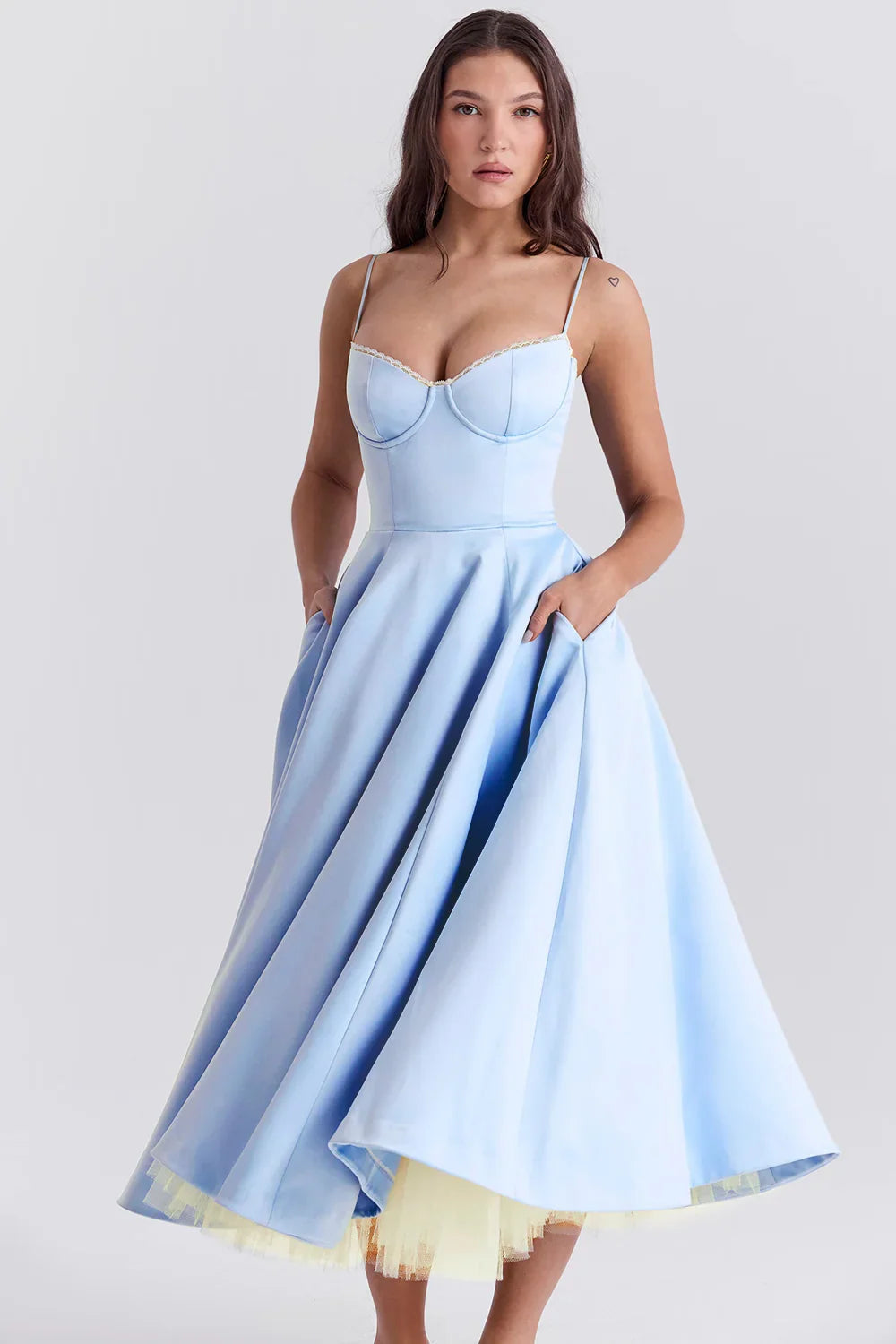 Beatrix | Bridesmaid Dress Wedding Guest Midi Corset Spaghetti Strap Sweetheart Neck Tulle Full Skirt