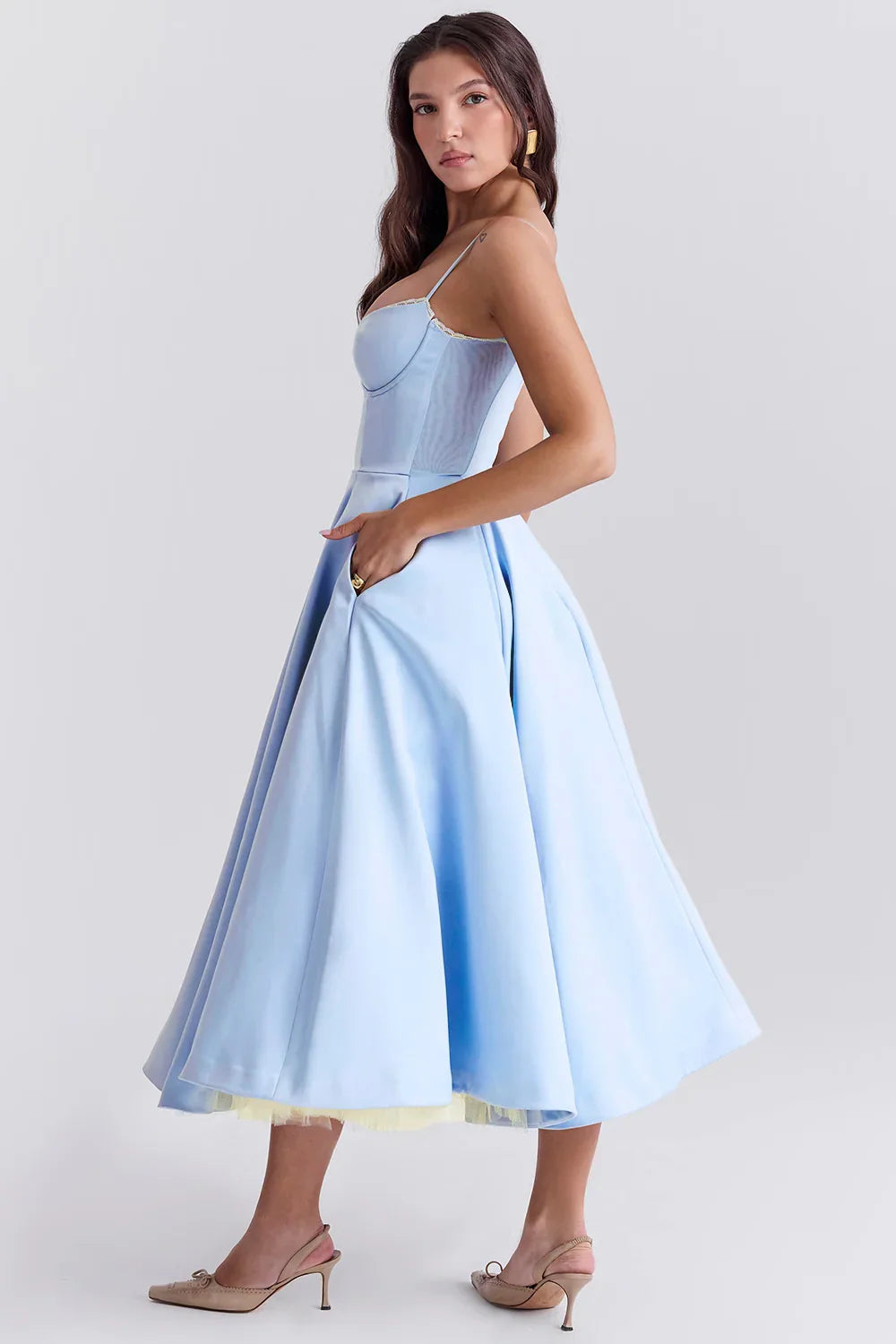 Beatrix | Bridesmaid Dress Wedding Guest Midi Corset Spaghetti Strap Sweetheart Neck Tulle Full Skirt