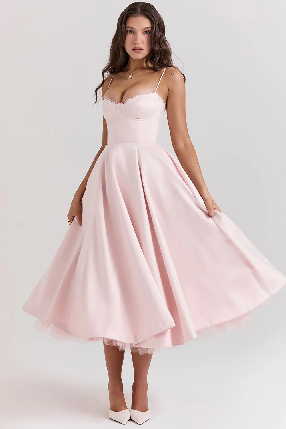 Beatrix | Bridesmaid Dress Wedding Guest Midi Corset Spaghetti Strap Sweetheart Neck Tulle Full Skirt