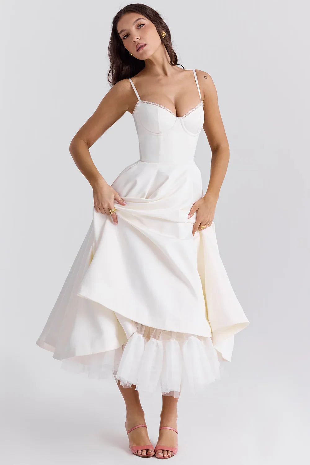 Beatrix | Bridesmaid Dress Wedding Guest Midi Corset Spaghetti Strap Sweetheart Neck Tulle Full Skirt