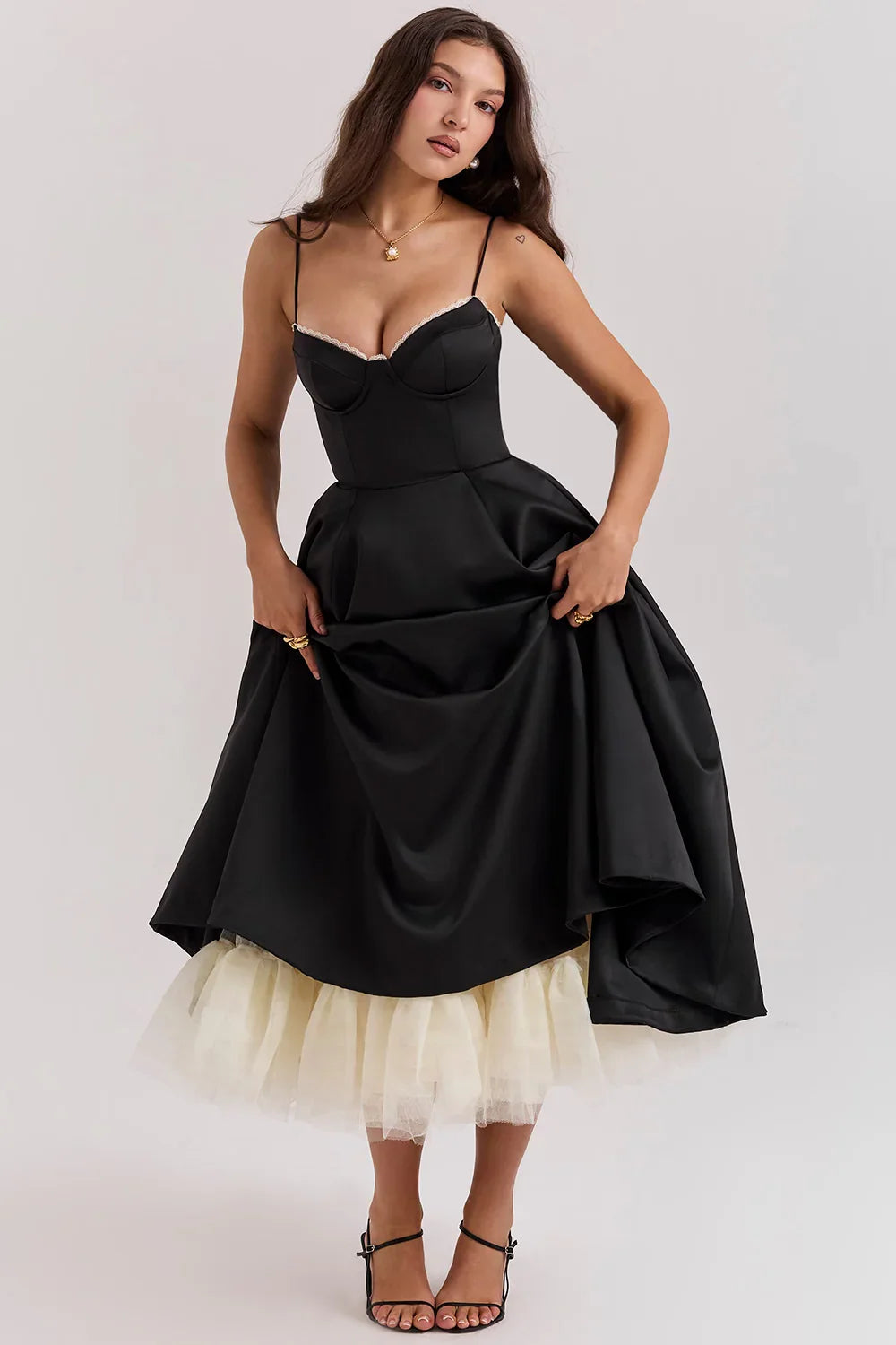 Beatrix | Bridesmaid Dress Wedding Guest Midi Corset Spaghetti Strap Sweetheart Neck Tulle Full Skirt