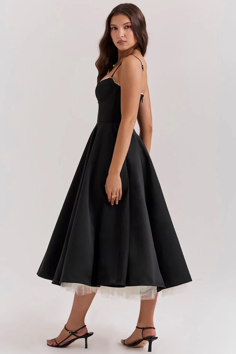 Beatrix | Bridesmaid Dress Wedding Guest Midi Corset Spaghetti Strap Sweetheart Neck Tulle Full Skirt