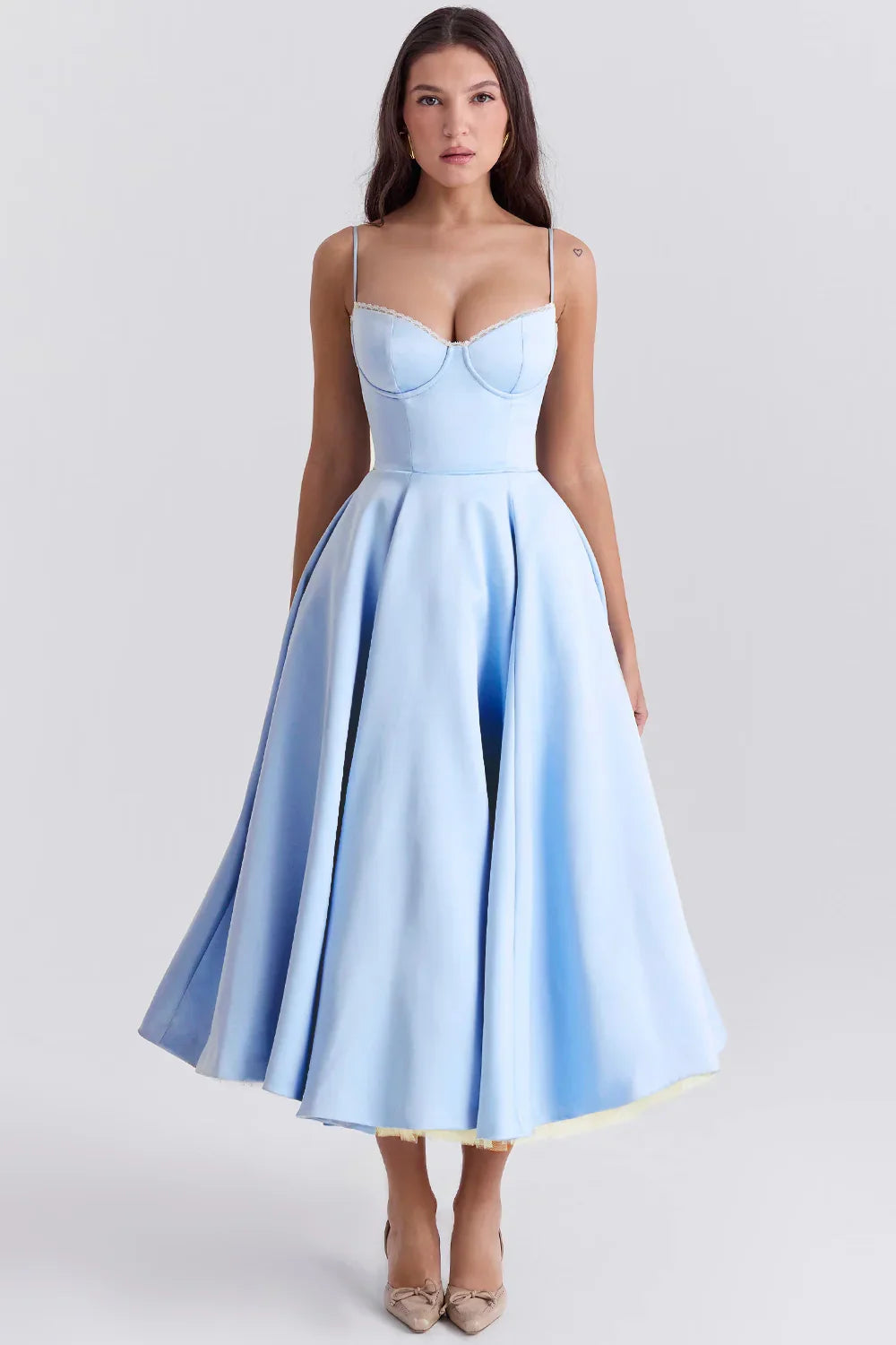 Beatrix | Bridesmaid Dress Wedding Guest Midi Corset Spaghetti Strap Sweetheart Neck Tulle Full Skirt