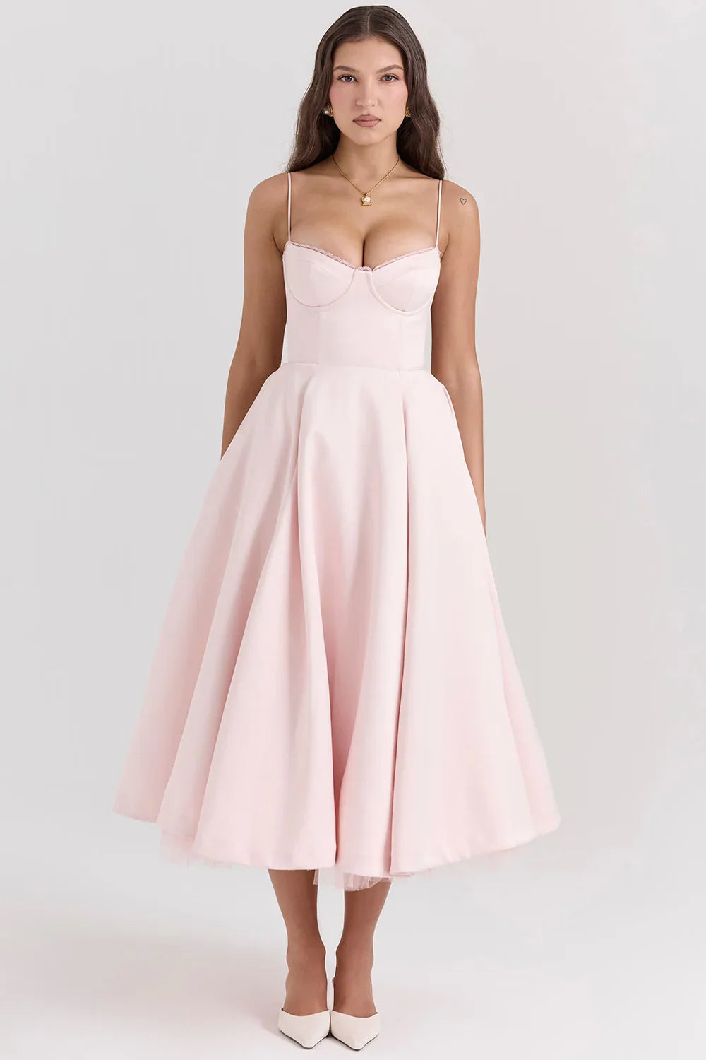Beatrix | Bridesmaid Dress Wedding Guest Midi Corset Spaghetti Strap Sweetheart Neck Tulle Full Skirt