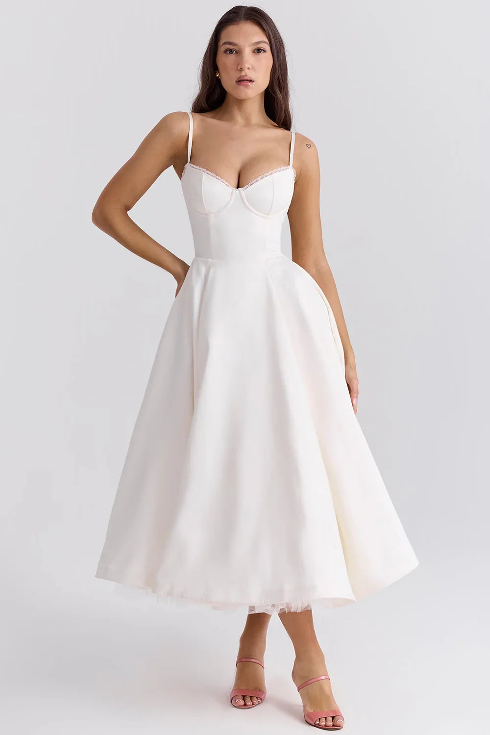 Beatrix | Bridesmaid Dress Wedding Guest Midi Corset Spaghetti Strap Sweetheart Neck Tulle Full Skirt