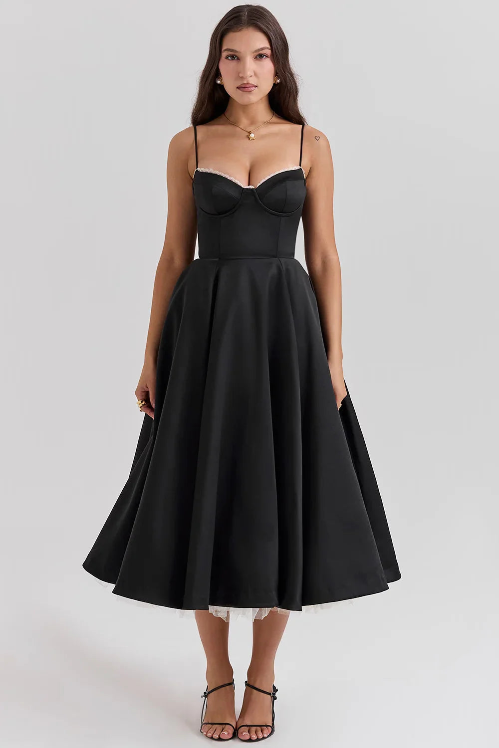 Beatrix | Bridesmaid Dress Wedding Guest Midi Corset Spaghetti Strap Sweetheart Neck Tulle Full Skirt