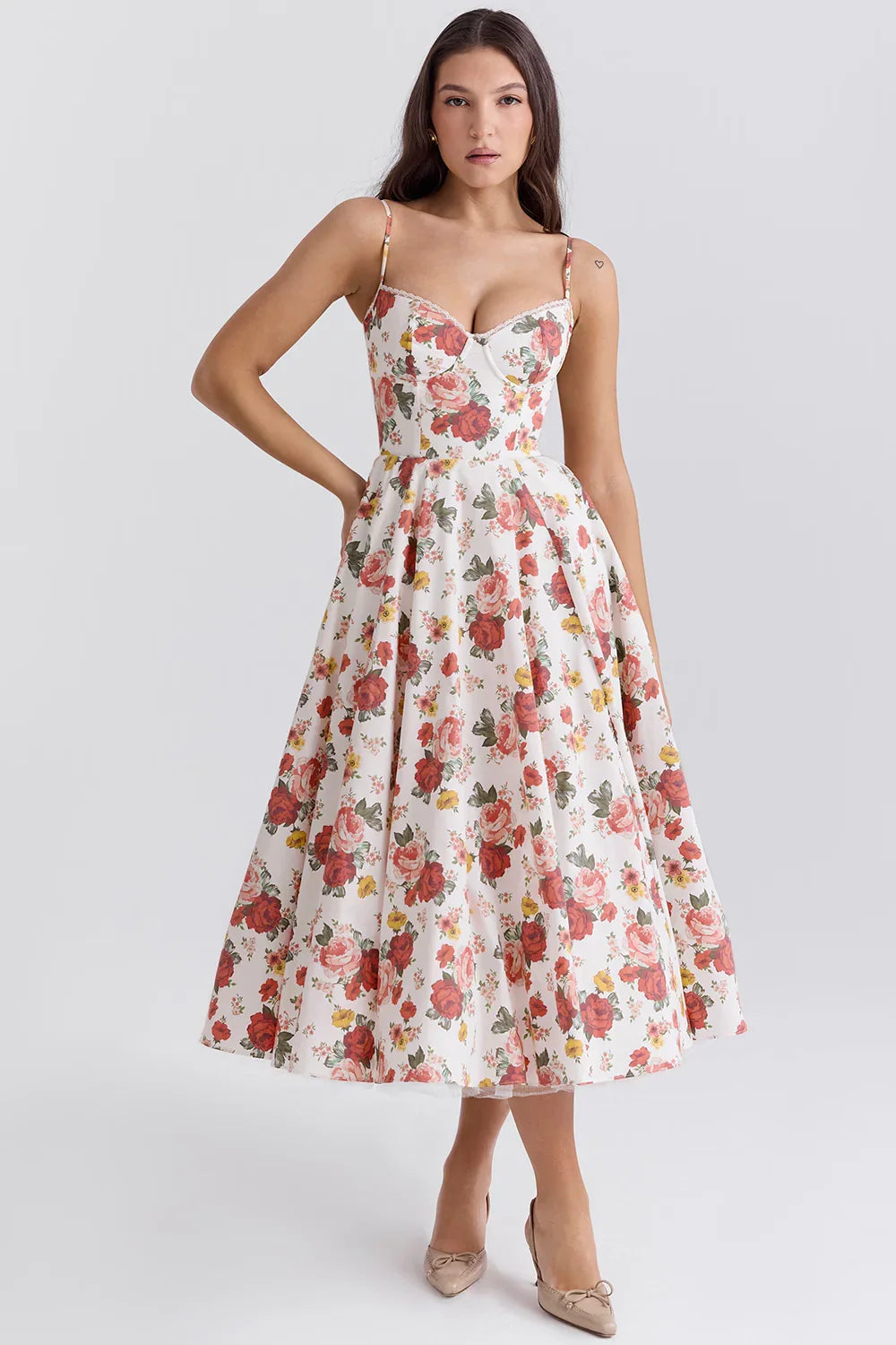 Beatrix | Bridesmaid Dress Wedding Guest Midi Corset Spaghetti Strap Sweetheart Neck Tulle Full Skirt