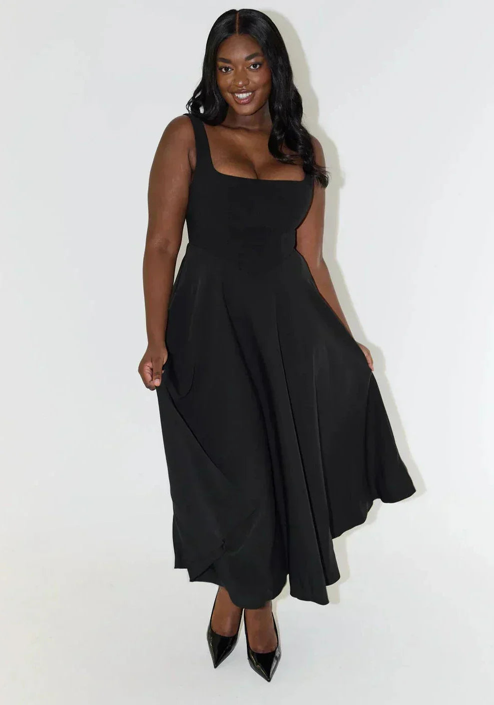 Anouk | Bridesmaid Dress Wedding Guest Midi Square Neck Fit and Flare Sleeveless Fitted Formal