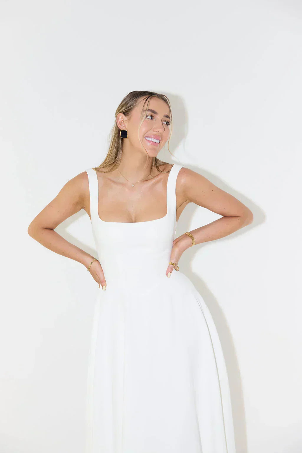 Anouk | Bridesmaid Dress Wedding Guest Midi Square Neck Fit and Flare Sleeveless Fitted Formal