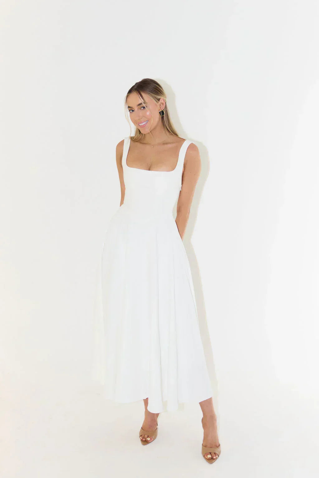 Anouk | Bridesmaid Dress Wedding Guest Midi Square Neck Fit and Flare Sleeveless Fitted Formal
