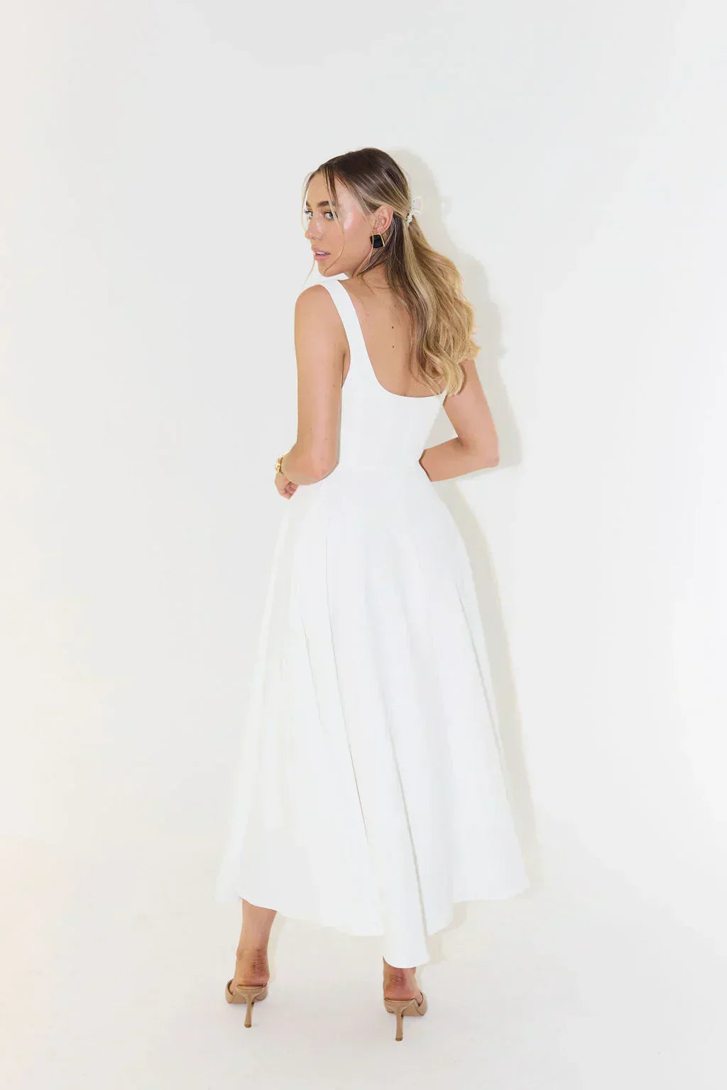 Anouk | Bridesmaid Dress Wedding Guest Midi Square Neck Fit and Flare Sleeveless Fitted Formal