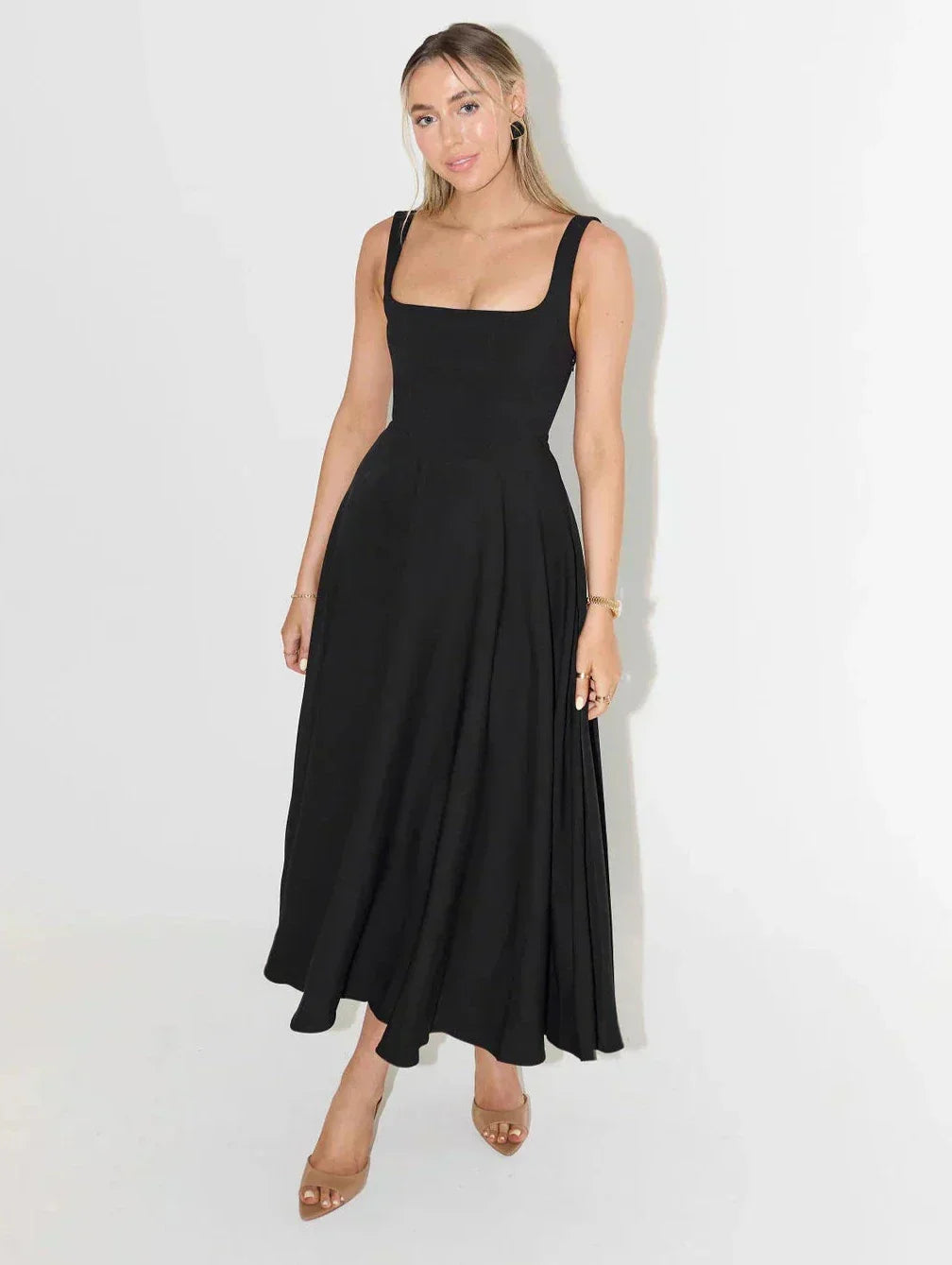 Anouk | Bridesmaid Dress Wedding Guest Midi Square Neck Fit and Flare Sleeveless Fitted Formal