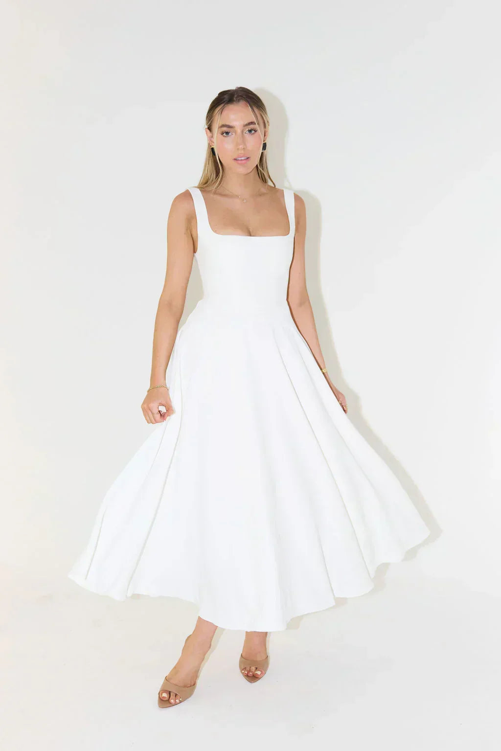 Anouk | Bridesmaid Dress Wedding Guest Midi Square Neck Fit and Flare Sleeveless Fitted Formal
