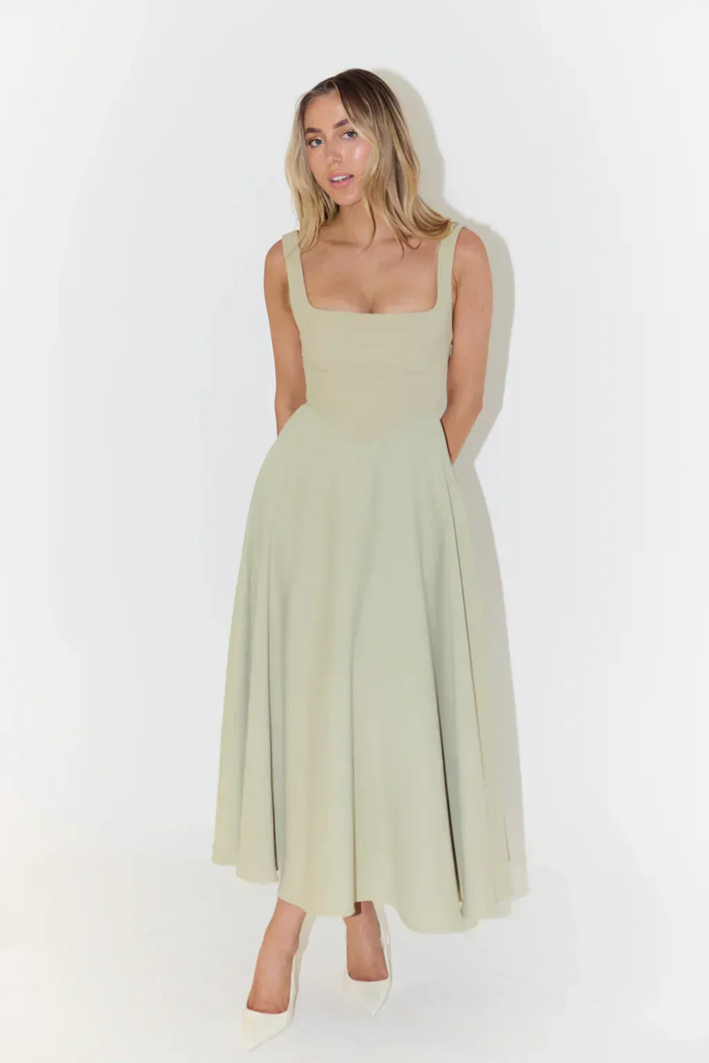 Anouk | Bridesmaid Dress Wedding Guest Midi Square Neck Fit and Flare Sleeveless Fitted Formal