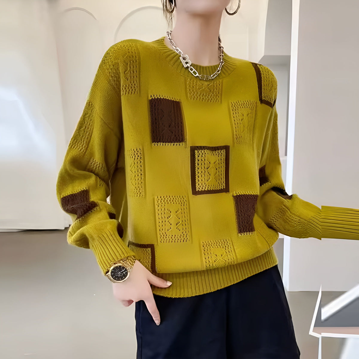 Emmeline knit sweater for women by Christine Brewer, featuring a cozy, textured knit in soft, neutral tones.