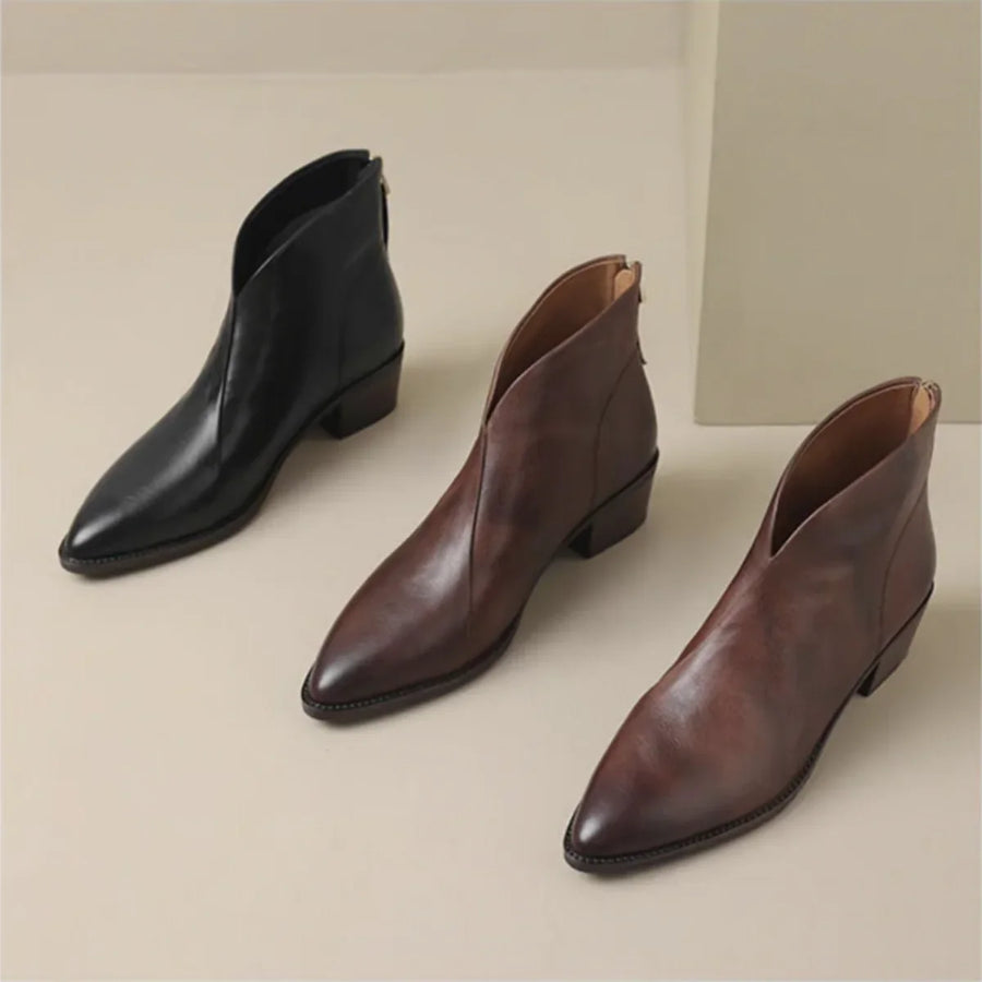 Daisy | Ankle Boots Booties Women Winter Pointed Toe Block Heel Leather Zip V-Cut Brown