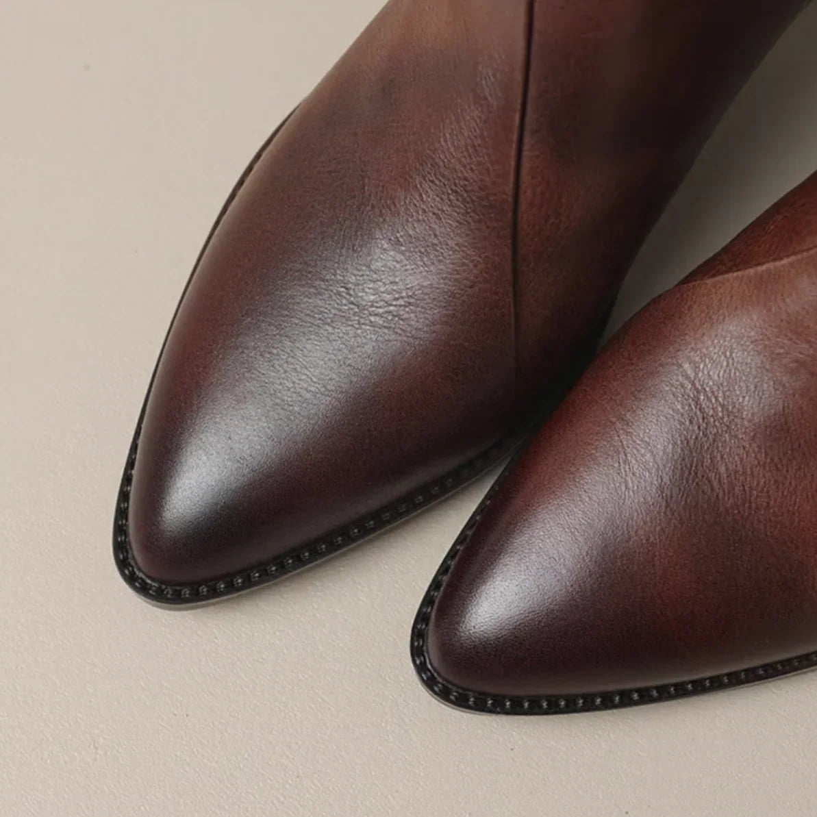Daisy | Ankle Boots Booties Women Winter Pointed Toe Block Heel Leather Zip V-Cut Brown