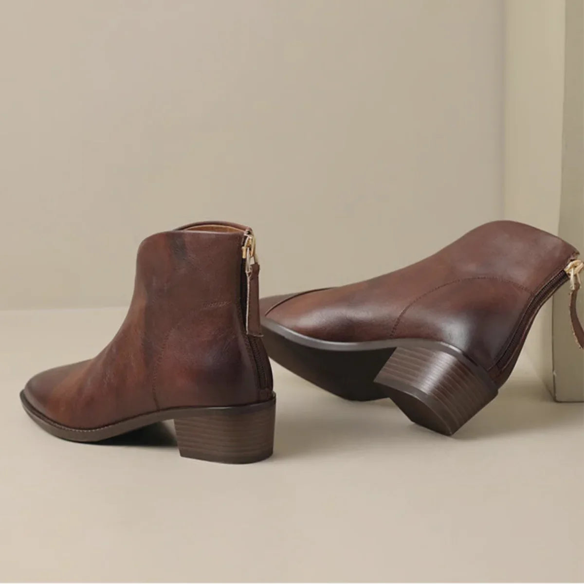 Daisy | Ankle Boots Booties Women Winter Pointed Toe Block Heel Leather Zip V-Cut Brown