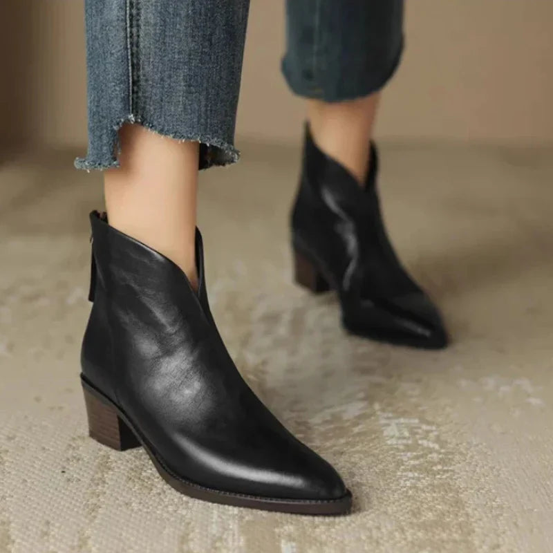 Maeve | Ankle Boots Booties Women Winter Pointed Toe Block Heel Leather Side Zip V-Cut