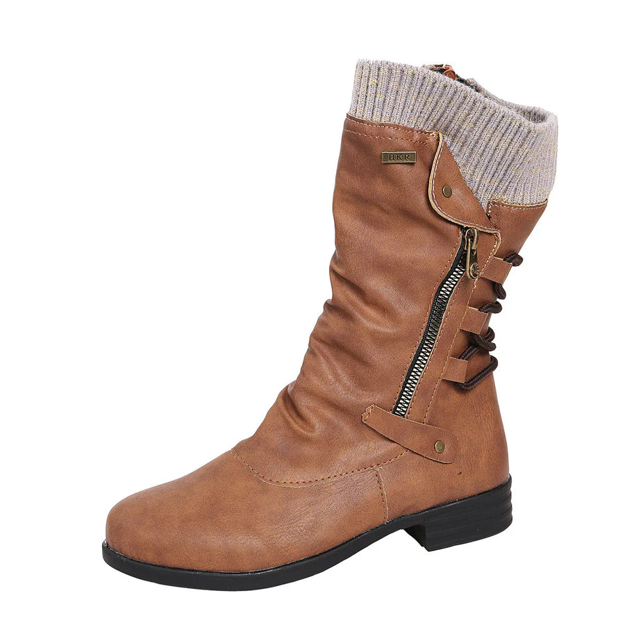 Rowena | Ankle Boots Booties Women Winter Side Zip Knit Cuff Ruched Faux Leather Flat
