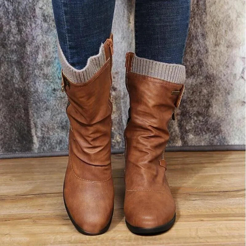 Rowena | Ankle Boots Booties Women Winter Side Zip Knit Cuff Ruched Faux Leather Flat