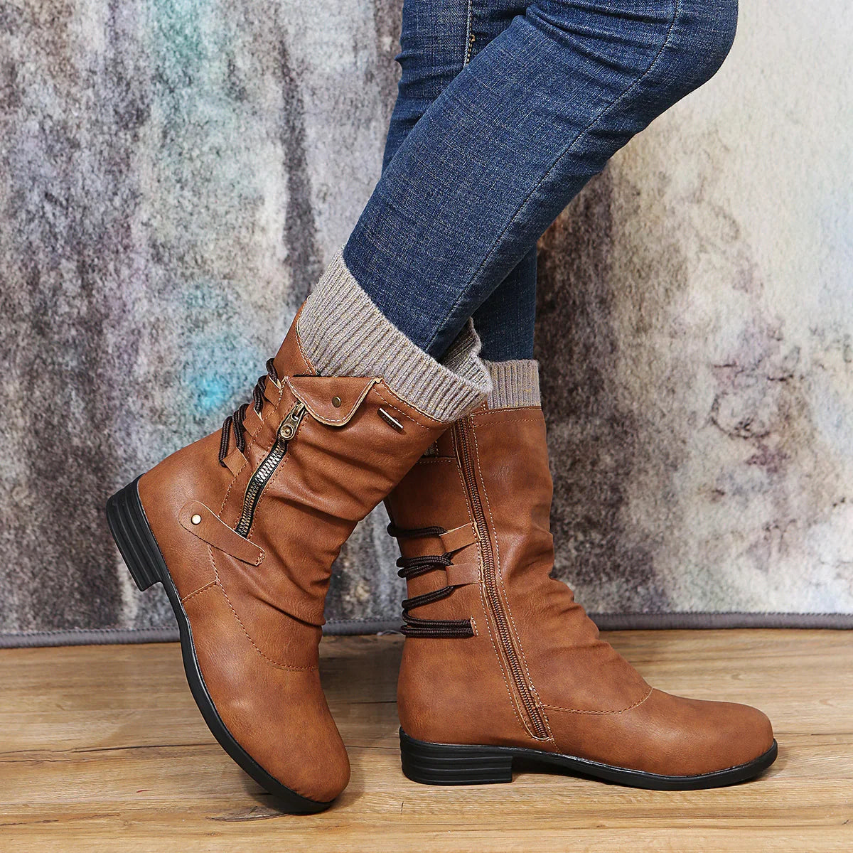 Rowena | Ankle Boots Booties Women Winter Side Zip Knit Cuff Ruched Faux Leather Flat