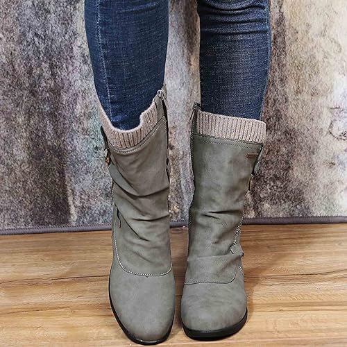 Rowena | Ankle Boots Booties Women Winter Side Zip Knit Cuff Ruched Faux Leather Flat