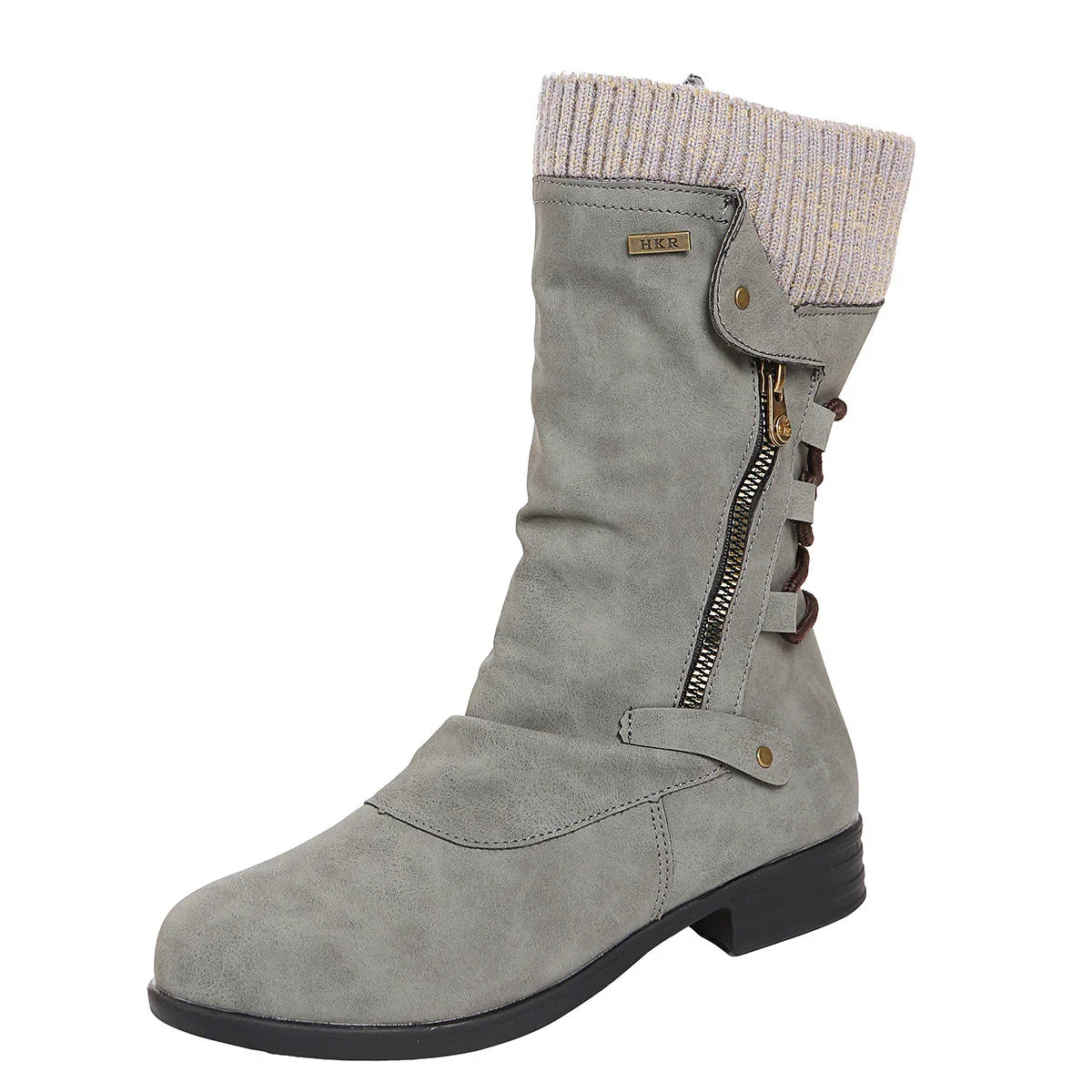 Rowena | Ankle Boots Booties Women Winter Side Zip Knit Cuff Ruched Faux Leather Flat