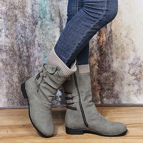 Rowena | Ankle Boots Booties Women Winter Side Zip Knit Cuff Ruched Faux Leather Flat