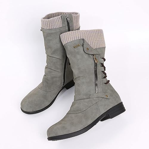 Rowena | Ankle Boots Booties Women Winter Side Zip Knit Cuff Ruched Faux Leather Flat