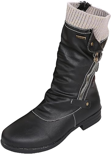 Rowena | Ankle Boots Booties Women Winter Side Zip Knit Cuff Ruched Faux Leather Flat