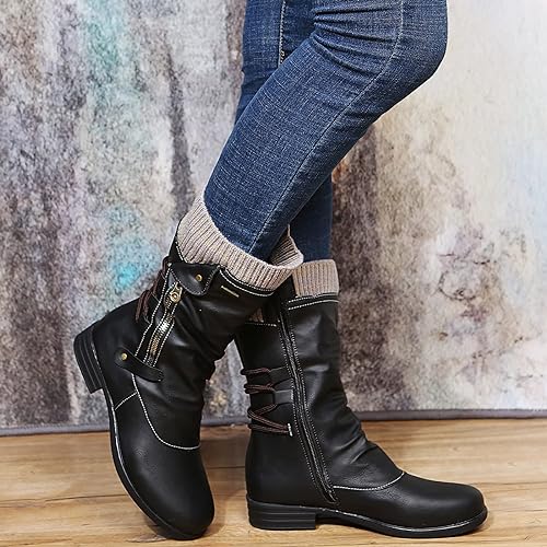 Rowena | Ankle Boots Booties Women Winter Side Zip Knit Cuff Ruched Faux Leather Flat