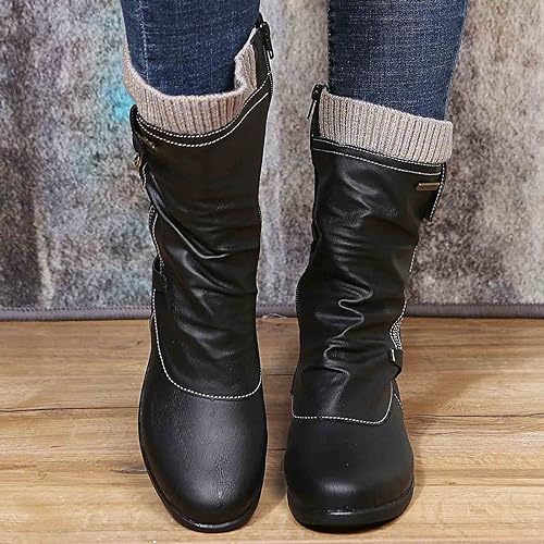 Rowena | Ankle Boots Booties Women Winter Side Zip Knit Cuff Ruched Faux Leather Flat