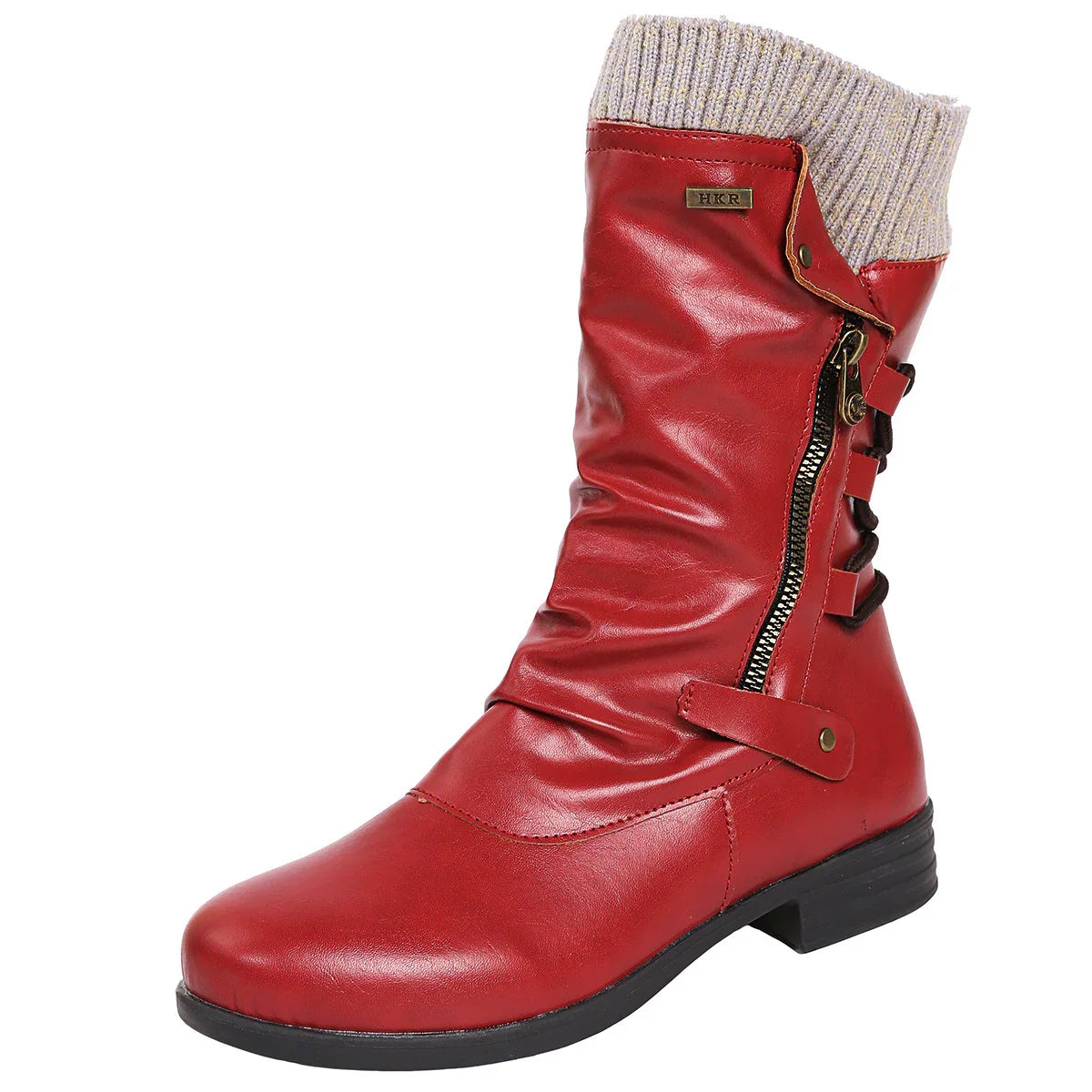 Rowena | Ankle Boots Booties Women Winter Side Zip Knit Cuff Ruched Faux Leather Flat