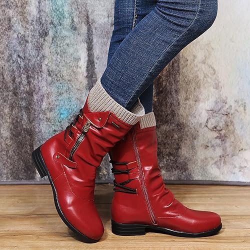 Rowena | Ankle Boots Booties Women Winter Side Zip Knit Cuff Ruched Faux Leather Flat