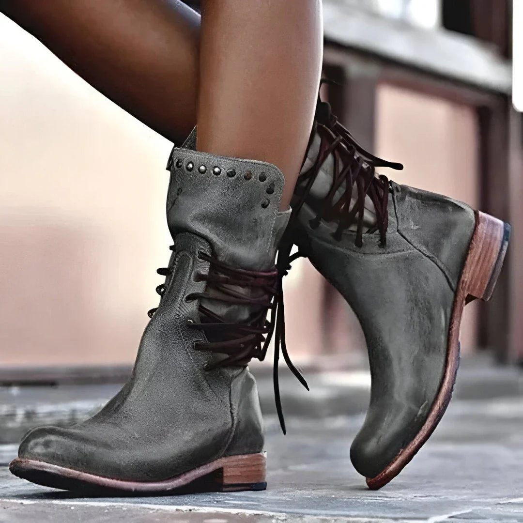 Piper | Ankle Boots Combat Boots Women Winter Lace Up Side Zip Studded Leather Round