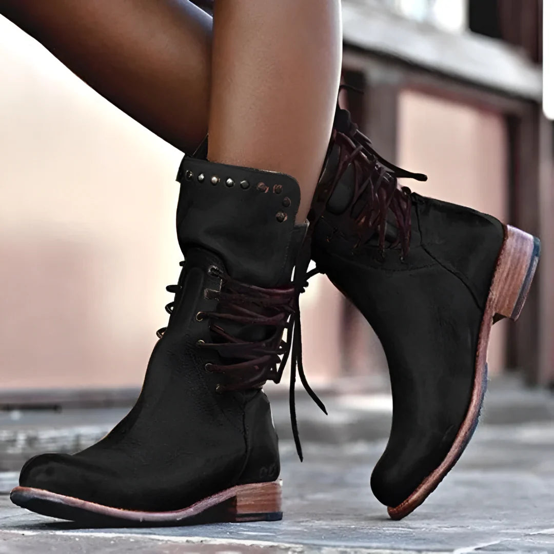 Piper | Ankle Boots Combat Boots Women Winter Lace Up Side Zip Studded Leather Round