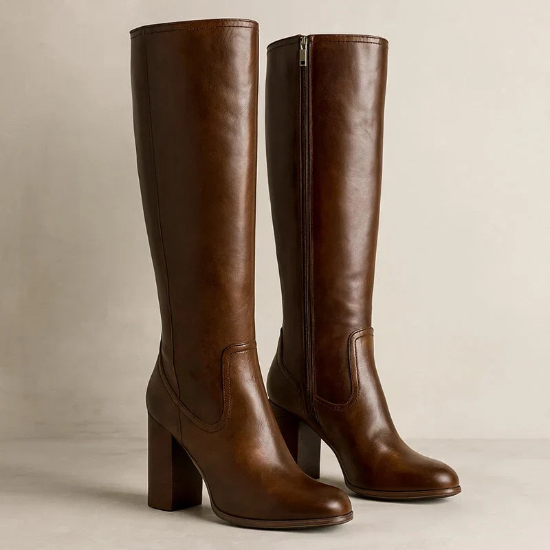 Sienna | Knee High Boots Tall Boots Women Leather Block Heel Side Zip Round Toe