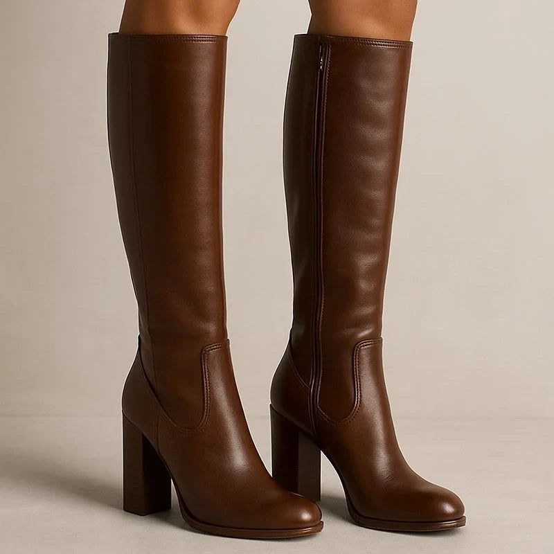 Sienna | Knee High Boots Tall Boots Women Leather Block Heel Side Zip Round Toe