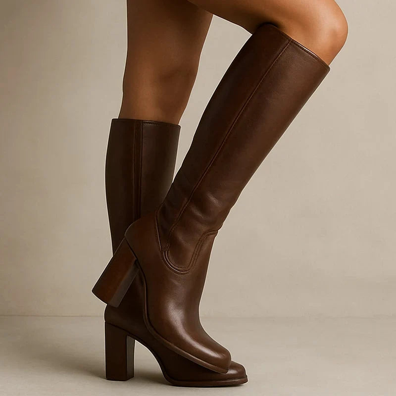 Sienna | Knee High Boots Tall Boots Women Leather Block Heel Side Zip Round Toe